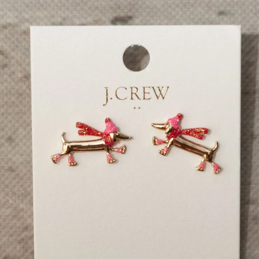 NWT J. Crew Dachsund Winter Dogs Post Earrings in Goldtone w/pink and red